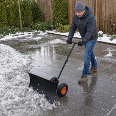 Produktbild von NAIZY Mobiler Schneeschieber mit Rollen, höhenverstellbarer T-Griff, 5-fach winkelverstellbare Schaufel, zerlegbar, schwarzer Schneeräumer