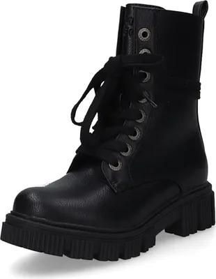 A black lace-up boot is shown against a white background.