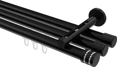 Produktbild von Interdeco Innenlaufstange / Gardinenstange mit Innenlauf Schwarz, Typ Siteno Estana (Glitzerkappe), 20 mm Ø 3-läufig, 240 cm