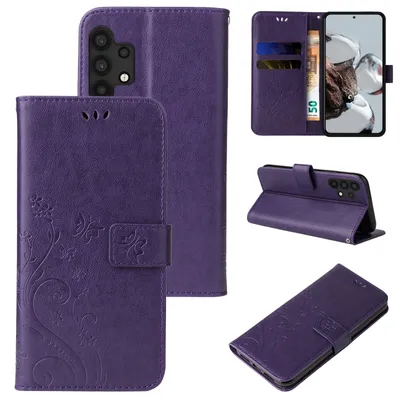 A collage of images showing a purple floral flip phone case from different angles.