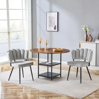 Immagine prodotto di Set tavolo e sedie, tavolo rotondo da pranzo di 107 cm di diametro, con doppio ripiano, e 2 sedie rivestite in tessuto (grigio chiaro, noce e nero)