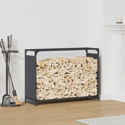 Obrázok produktu pre Regál na drevo antracitovej farby, 90x28x65 cm, vyrobený z ocele. Stojan na drevo na krb, určený na skladovanie dreva. Nosnosť až 100 kg, vhodný na vnútorné aj vonkajšie použitie