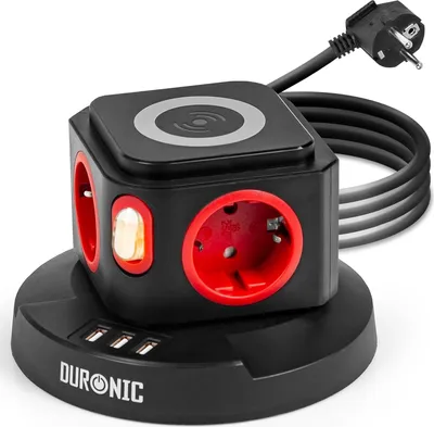 Produktbild von Duronic ET4W Mehrfachsteckdose | Steckdosenwürfel mit 3 USB Ports und Wireless Charging | 4-Fach Steckdose 3680W 16A | Steckdosenleiste mit Überspannungsschutz | Steckdosenturm mit 1,8 m Kabel