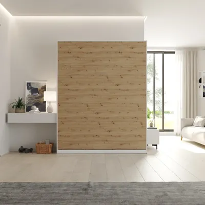 Produktbild von Schrankbett 160x200 cm Vertikal Farbe Weiß/Wildeiche mit GASDRUCKFEDERN Wandklappbett platzsparendes Bett