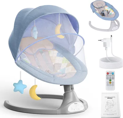Produktbild von Babywippe für Kinder bis 9 kg, mit Fernbedienung & Bluetooth, Batterie- oder Stromanschluss, mit 5-Punkt-Sicherheitsgurt, Blau
