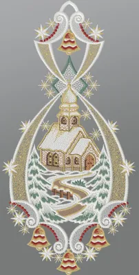 Produktbild von Fensterbild aus Plauener Spitze - Kirche im Winterwald  (BxH) 17cm x 36cm, mehrfarbig, Fensterdekoration und Fensterschmuck