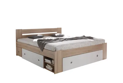 Produktbild von Doppelbett mit 2 Nachtkommoden STEFAN Bett Ehebett Schlafzimmer 180 x 200 cm Eiche Sonoma weiß Bettkasten