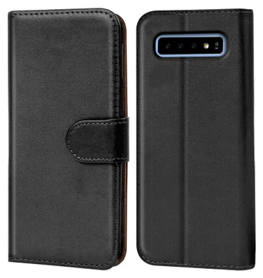 A black flip case for a smartphone is shown from the front and back.