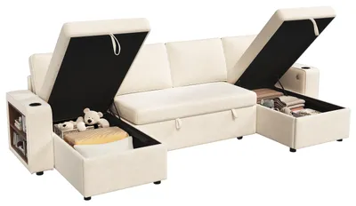 Produktbild von Merax U-Form Ecksofa, ausziehbares Schlafsofa Mit Schlaffunktion, Sofa Mit Stauraum, USB Und Type-C, Becherhalter, Chenille Soffa, Beige