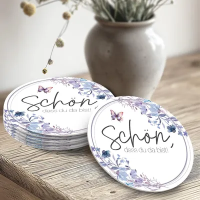 Produktbild von 50 Bierdeckel 'Schön, dass du da bist', Floral Butterfly Fliederblau Rund Hochzeit