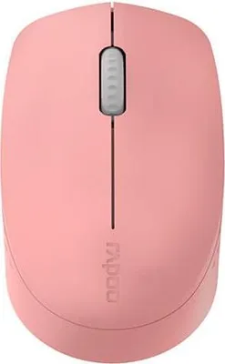 A top-down view of a pink wireless computer mouse.