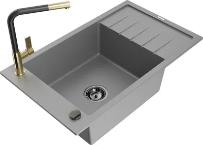 Produktbild von Mexen Elias 1 Becken-Granitspüle mit Abtropffläche und Mischbatterie Flora, Grau - 6511-71-670401-57-B