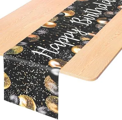Produktbild von Tischläufer Happy Birthday, 183 x 33 cm | Tischdekoration in Schwarz und Gold für Geburtstagsfeiern
