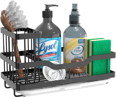 A kitchen sink organizer holding cleaning supplies.