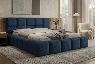 Produktbild von Polsterbett LOMBA 200x200 cm mit Bettkasten und Metall-Lattenrost – Bouclé Stoff Coral Dunkelblau