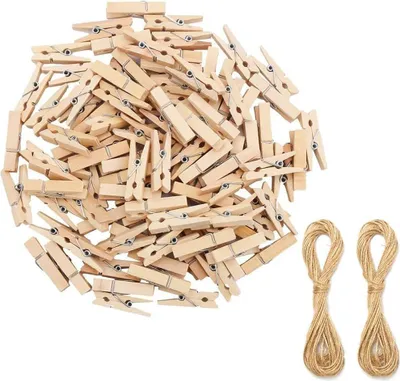 Produktbild von Holzwäscheklammern Set, 200 Stück, 3 cm, mit 10 Meter Juteschnur, Naturholz