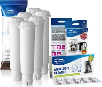 A product shot of coffee machine accessories, including water filters, descaling tablets, and cleaning tablets.