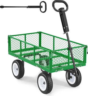 Obrázek produktu pro SucceBuy Robustní vozík s nosností 408,2 kg, zahradní vozík sPolyuretanpneumatikami, ocelový transportní vozík s nastavitelnou rukojetí, odnímatelnými bočními stěnami a možností připevnění k ATV nebo traktoru, zelený