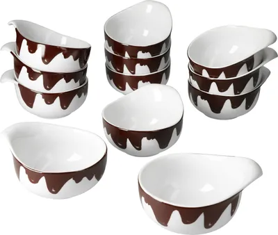 Produktbild von 12er-Set Fondueschälchen Blob 150ml Löffeldessert Klekse schokobraun Porzellan weiß Gastro Küche