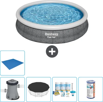 Produktbild von Bestway runder aufblasbarer Fast-Set-Pool – Rattan-Druck – 366 x 76 cm – inklusive Pumpe Abdeckung - Wartungspaket - Filter - Bodenplane