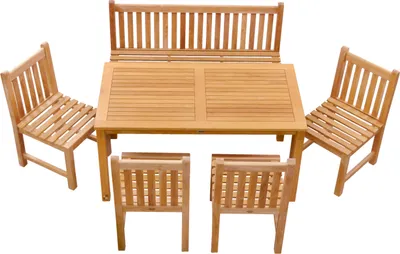 Produktbild von Garten-Essgruppen Teak Sitzgruppe aus 1 Bank 150 cm, 4 Sessel und 1 Tisch 150 x 80 cm modernes Teak-Set mit Sitzmöbeln ohne Armlehnen