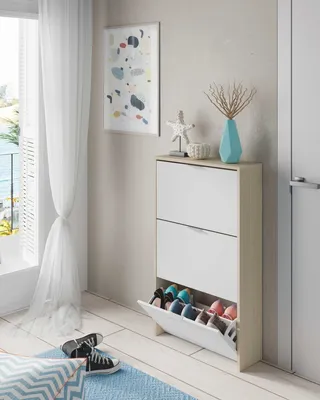 Image de Schuhkipper >Shoe cabinet< in Eiche/Weiß Hochglanz - 60x113x22 (BxHxT)
