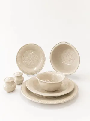 Image de Set de vaisselle porcelaine beige perles 27 pièces, assiettes Ø 27 cm/Ø 22 cm