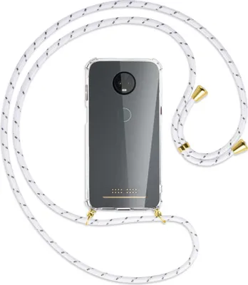 Produktbild von Handykette Backcover-Schutzhülle mit Band (Metall goldfarben) für Motorola Moto Z3 Play - weiß/grau