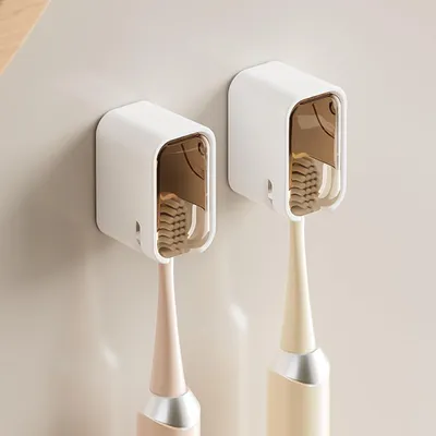 Image de Porte-brosses à dents mural avec couvercle – lot de 2, autocollant, ABS, marron