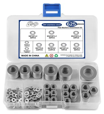 Produktbild von 625 Unterlegscheiben, Unterlegscheiben aus Edelstahl 304, 9 Größen für Schrauben und Muttern – M2/M2,5/M3/M4/M5/M6/M8/M10/M12