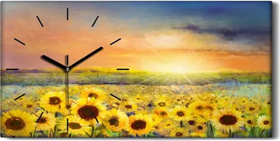 Produktbild von Wandbild Leinwand Bilder mit Uhr 60x30 Ölgemälde Blumenfeld Sonnenblumen - schwarze Hände