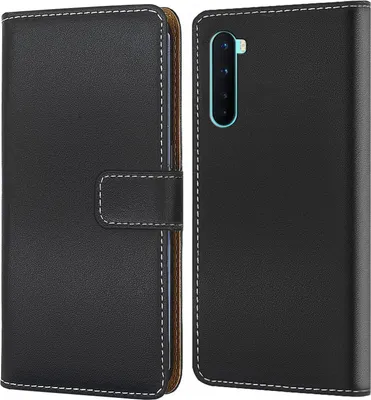 A black flip-style phone case for a OnePlus Nord is shown from two angles.