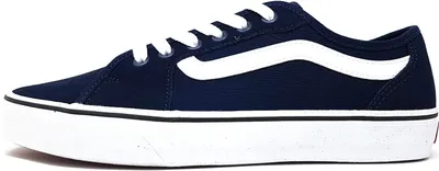 A side view of a navy blue Vans sneaker with a white stripe.