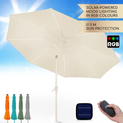 Zdjęcie produktu dla Blumfeldt Parasol ogrodowy na balkon, ochrona UV, oświetlenie LED, wodoodporny, okrągły, stabilny i łamany, panel solarny, osłona przeciwsłoneczna