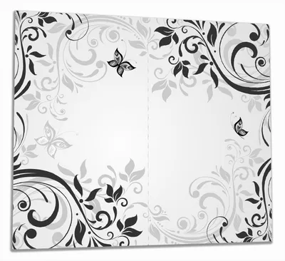 Produktbild von Wallario Herdabdeckplatte aus Glas, Größe 60 x 52 cm 2-teilig, Motiv Schnörkelmuster mit Schmetterlingen
