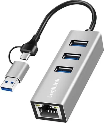 Produktbild von LogiLink USB 3.0 Hub, 4x USB-A, 5 Gbit/s, 2-in-1 Anschlusskabel, Silber, USB 3.2 Gen 1 (3.1 Gen 1) Type-A + Type-C, USB 3.2 Gen 1 (3.1 Gen 1) Type-A, RJ-45, 5000 Mbit/s, Grau, Aluminium, Rundkabel