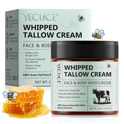 A product shot of whipped tallow cream with its packaging, accompanied by honeycomb and cartoon bees.