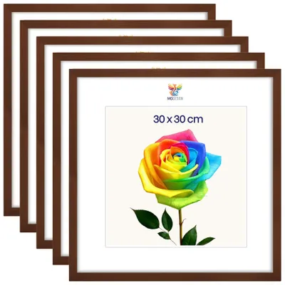Produktbild von MG Design 5er Set Bilderrahmen 30 x 30 cm - Posterrahmen mit Braun Echtholzrahmen und bruchsicherem Acrylglas, Hoch & Quer mit stabiler Wandaufhängung
