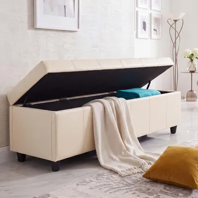 Obrázok produktu pre Úložná truhla Kriens XXL, koža + Imitácia kože, 180x45x45cm ~ krémová