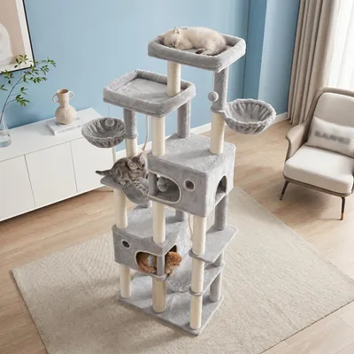 Produktbild von Fobyfurny Kratzbaum, 213 cm XXL Katzenbaum, 2 Extra Große Plattformen, 2 Große Höhlen, 10 Kratzstämme, 2 Hängematten, Korb, Katzenbürsten, Pompons