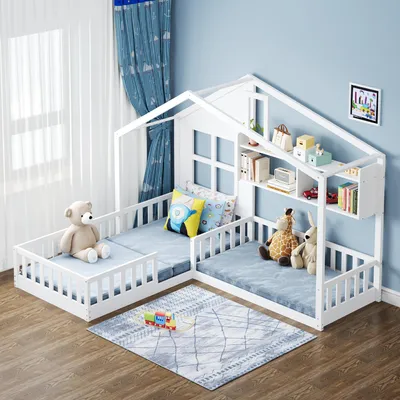 Produktbild von MODFU Kinderbett Holzbett 90x200 cm (140x70 cm) mit Fenster und Schornstein in Form eines Hauses Mit Regalen, Bodenbett Mit Sicherheitsgitter und Lattenrost, Weiß+Natur(Ohne Matratze)