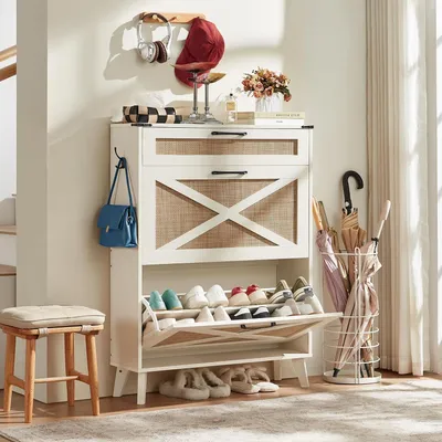 Produktbild von Schuhschrank Rattan Weiß 80x24x113 cm Boho Landhausstil