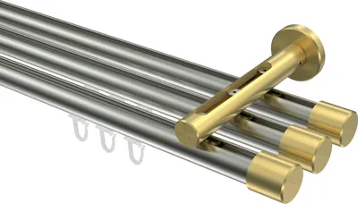 Produktbild von Interdeco Innenlaufstange / Gardinenstange mit Innenlauf Edelstahl-Optik / Messing-Optik, Typ Siteno Santo (Kappe), 20 mm Ø 3-läufig, 280 cm