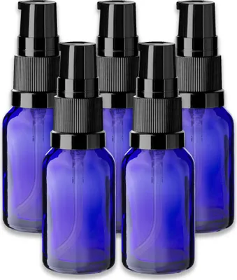Produktbild von 5x Blaue Glasflasche 15 ml mit schwarzer Pumpe Dispenserpumpe Spender