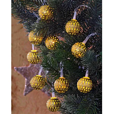 Produktbild von LED Lichterkette Gold mit 10 Kugeln Ø 2,5 cm Warmweiß Batterie Kugelkette Orientalische Weihnachtsbeleuchtung Batteriebetrieben