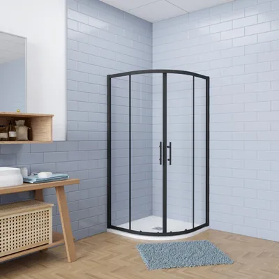 Produktbild von 90x90x185cm Duschkabine Schwarz Runddusche 5mm ESG-Glas Duschabtrennung Viertelkreis Drehtür Dusche Gleittür mit 90x90x3cm Duschtasse Viertelkreis Runddusche Duschwanne mit Q12-C Ablaufgarnitur