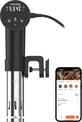 A sous vide immersion circulator and a smartphone displaying its app.