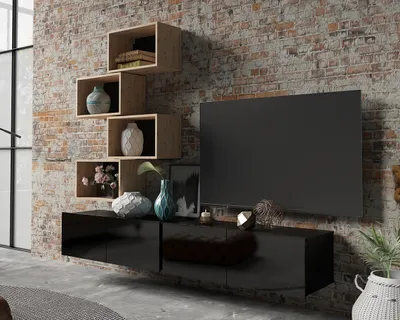 Produktbild von Wohnwand Amanda XVII Wohnzimmer-Set mit Bücherregale Anbauwand TV Möbel (Schwarz matt + Schwarz Hochglanz Fronten / Artisan Eiche)