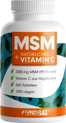 Produktbild von ProFuel MSM + natürliches Vitamin C | 365 Tabletten | 1000 mg MSM pro Tablette | Vitamin C aus Hagebutten | vegan