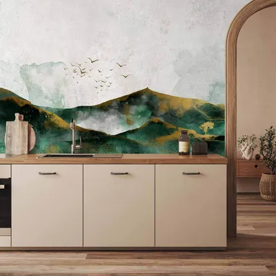 Produktbild von Vlies Fototapete - Abstract landscape - green mountains with golden patterns and birds 150x105 cm Landschaften c-A-0225-a-c